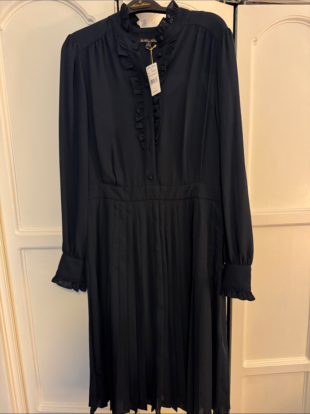 Womens Navy Ruffled Pleated Long-Sleeve Dress